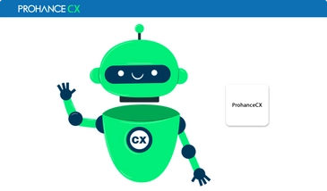 ProHanceCX robot mascot waving with friendly customer experience branding.